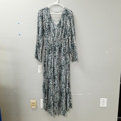 NWT Lola Grace Gray Leopard Pattern Long Sleeve Smocked Maxi Dress Leg Slit Sz M