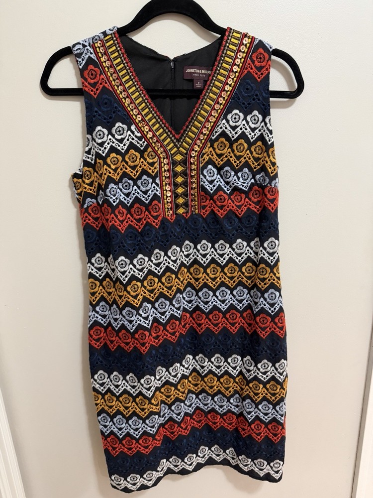 Johnston & Murphy Multicolor Embroidered Lace Sheath Dress V-Neck Sleeveless