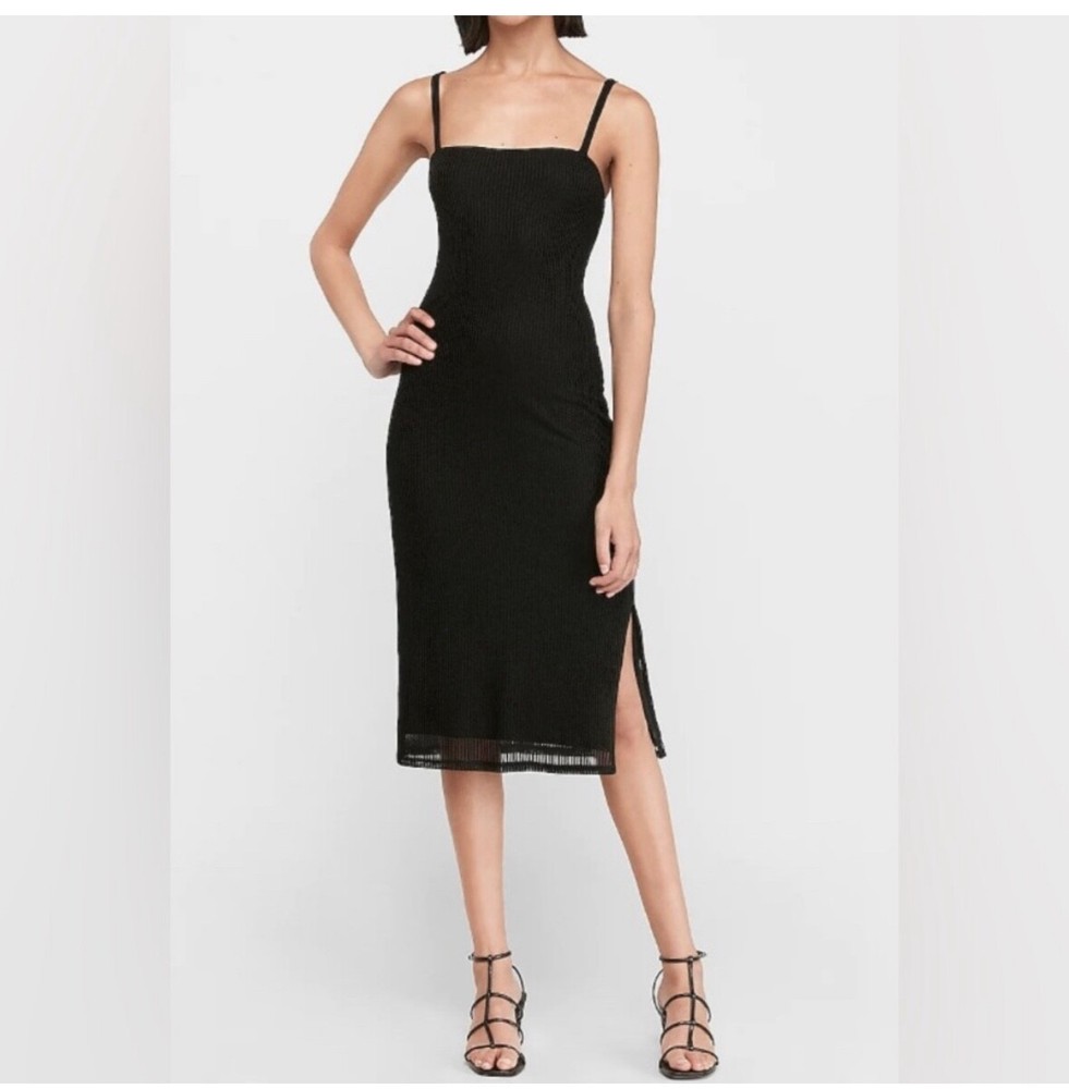 NWT Express black ribbed square neck dress, size L, lined, side slit, stretchy