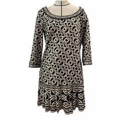White House Black Market Womens L Black/Ivory/Gold Geometric Knit Shift Dress