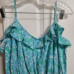 Lilly Pulitzer Kalen Dress Womens XL Teal White Shell Print Ruffle Faux Wrap