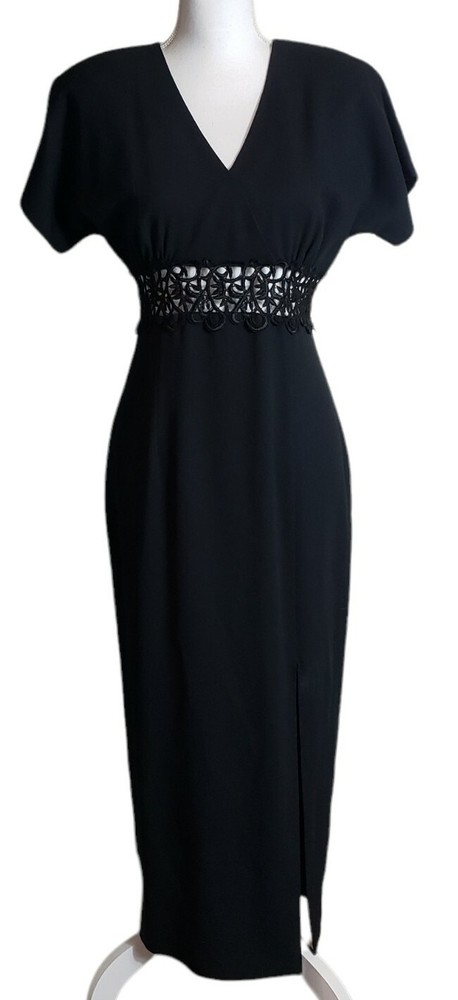 Vintage Black Maxi Dress Size 6 Embroidered Sheer Cut-Out Waist Front Slit 80s