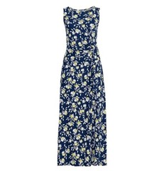 Lands’ End Sleeveless Tie Waist Maxi Dress Sz L Blue Floral Jersey Knit Stretch