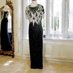 Vtg Laurence Kazar Silk Beaded Sequin Gown Size Medium Black Silver Keyhole Back