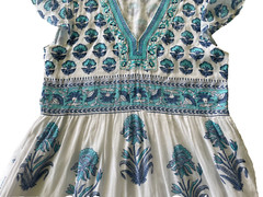 Bella Tu Midi Dress Size Small White Blue Floral Tribal Embroidery Mirror Beads