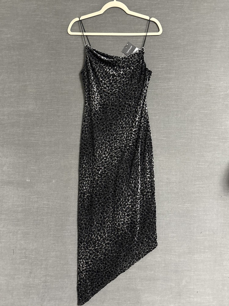 Topshop Slip Dress 4 Black Leopard Asymmetrical Cowl Velvet Midi Y2K Party