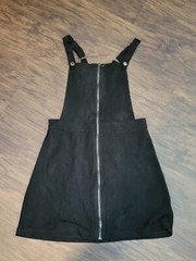 90s Black Suede Overall Dress Front Zip, By PIE IN THE SKY, Adjust Straps, Large