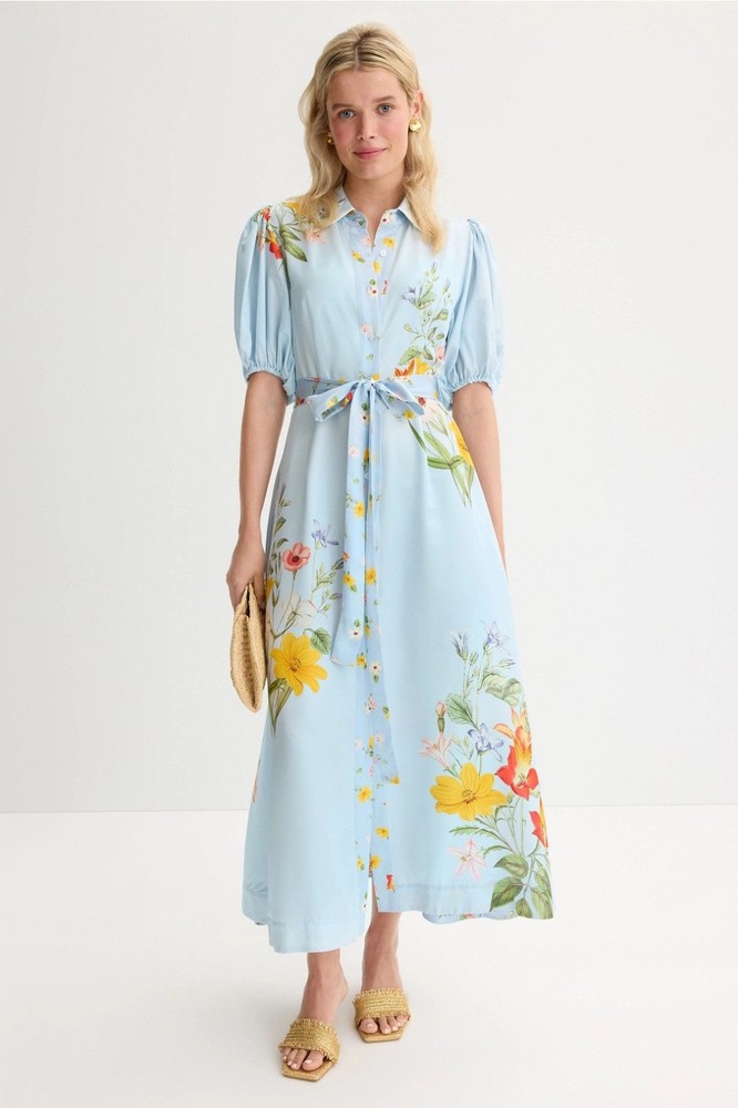 Aston Studio Marley Midi Dress Blue Floral Belt Button Front Silk – Size US 6