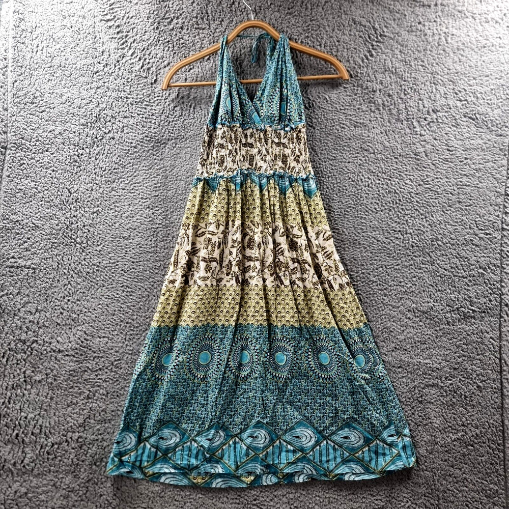 Sunny Girl Womens A-line Dress Size 8 Blue Beige Yellow Sleeveless Backless
