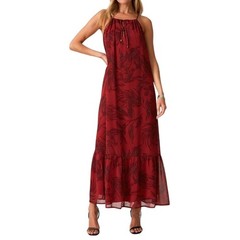 Love Stitch Dress Womens Large Red Floral Halter Maxi Chiffon Ruffle Hem Boho
