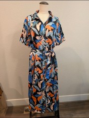 VILA Sz 44/XL Abstract Print Shirt Dress in Blue, Orange & Black Retro Casual