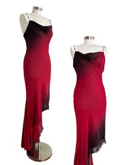 Vintage Y2K Cache Red Ombré Cowl Silk Ruffled Asymmetrical Beaded Dress Sz Small