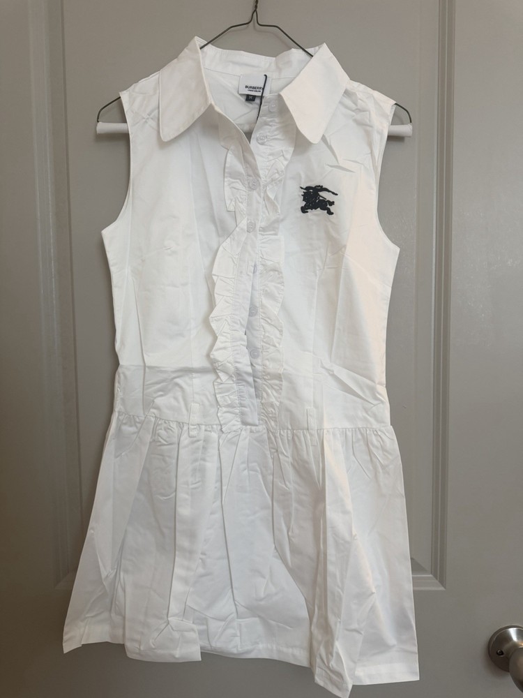 Burberry White Solid Sleeveless Collared Shirt Dress Ruffle Button Cotton M