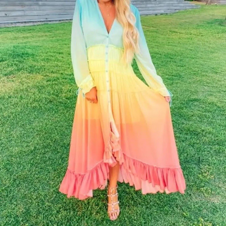 Linjia Shop Rainbow Ombre Boho Maxi Dress Size Large
