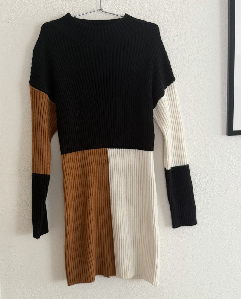 Lala Factory Women’s L Ribbed Knit Colorblock Sweater Dress Crew Neck Short