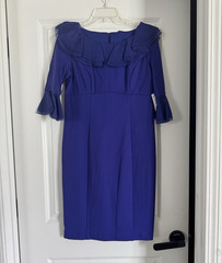 Blue Solid Round Neck Sheath Dress Ruffle Bell 3/4 Sleeve Zip Knee 6