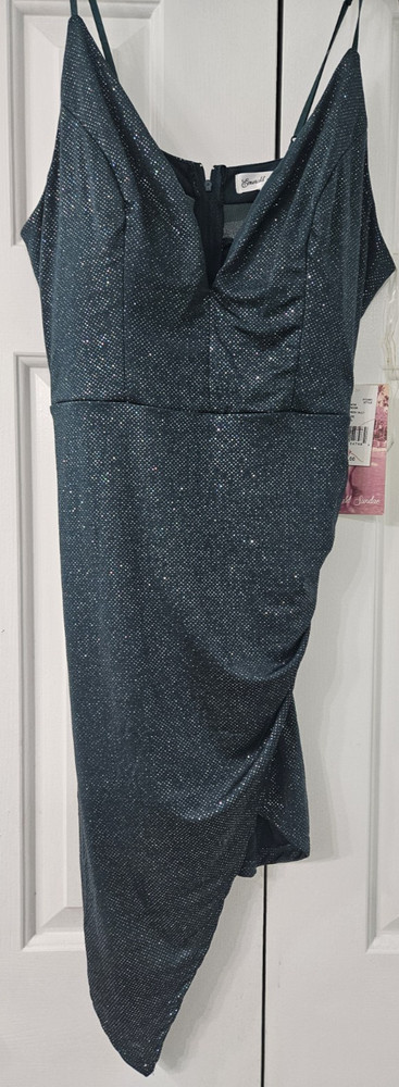 Emerald Sundae Juniors&rsquo; Glitter Ruched Mesh Back ,Mini Dress- Green XL NWT