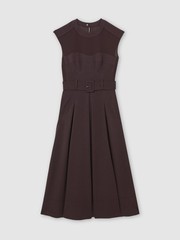 Reiss Ava Mesh-Panel Belted Pleated Midi Dress in Burgundy SZ 6 NWOT