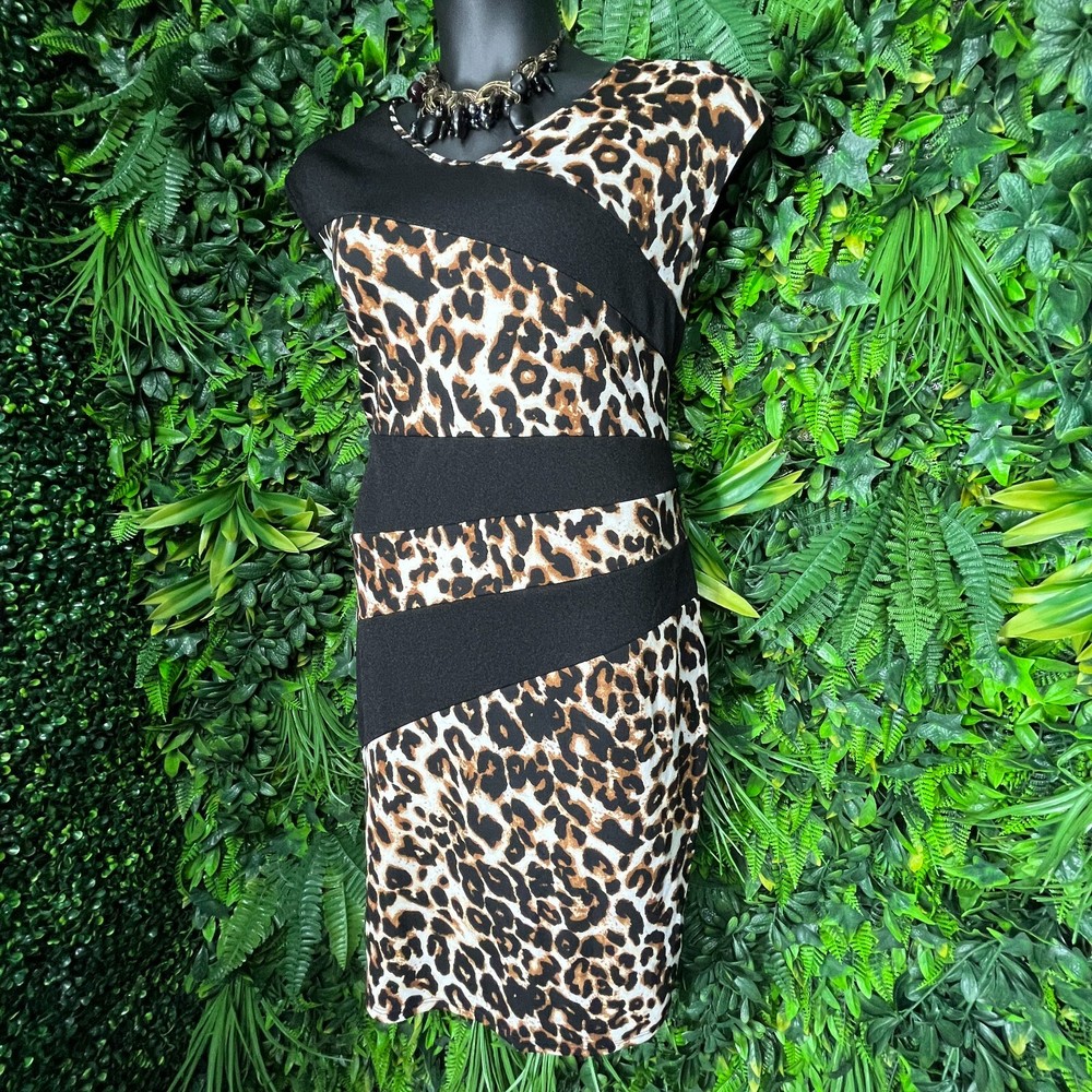 Spin Dress Women 3XL Black Leopard Round Neck Sheath Stretch Fitted 0976