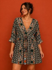 SHEIN Allover Print V-Neck Boho Mini Dress