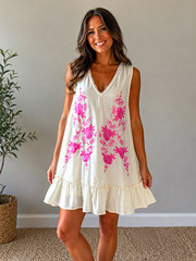 The Impeccable Pig Embroidered Shift Dress Pink Floral Ivory Ruffle Hem L