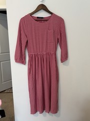MEROKEETY Red/White Striped Knit Fit & Flare Midi Dress Pocket Stretch M
