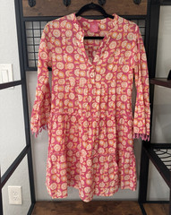 Just Darviny Pink Floral A-Line Short Dress S V-Neck Long Sleeve Tassel Trim