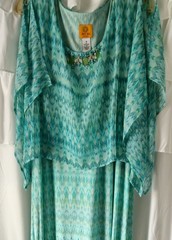 Ruby Road Women&rsquo;s 1X Bead Accented MAXI DRESS , Shades Of teal on White,NWT