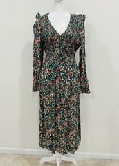 J.Crew V-neck Smocked Cottagecore Floral Green Midi Dress Side Zip Pocket Size M