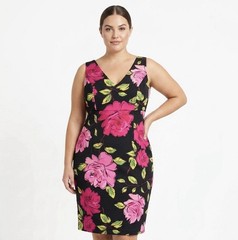 Amanda Smith Women&rsquo;s 16 Sheath Dress Black Pink Green Floral V-Neck Sleeveless