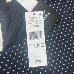 Studio One New York Polka Dot Dress Navy Blue LS Tie Neck Pleated Hem Large New