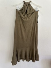 Lauren Ralph Lauren Olive Shimmer Halter Knit Linen Cotton Tie Ruffle Hem Knee M