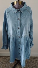 Denim Mini Dress Button Up Raglan Sleeve Distressed Hem Size L EUC