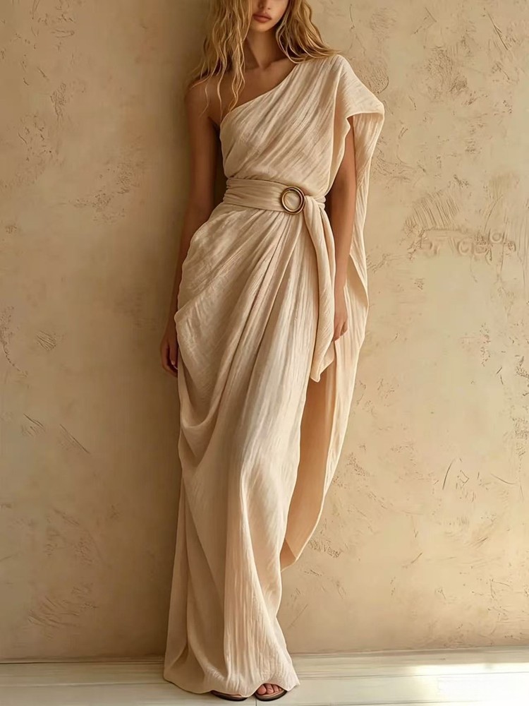 Women&rsquo;s Cotton Linen One-Shoulder Maxi Dress Asymmetric Hem