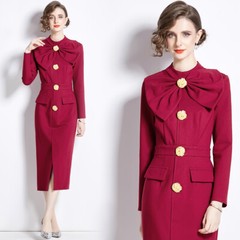 Vintage Solid Buttons Mock Neck Bow Long Sleeve Women Casual Party Midi Dresses