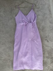 Reiss Purple Linen Wrap Midi Dress V-Neck Adjustable Straps UK 12