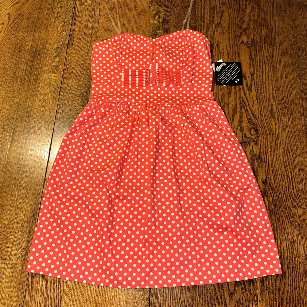 NWT Retro Polka Dot Pinup Strapless Mini Dress Medium Coral Tradwife Euro Summer