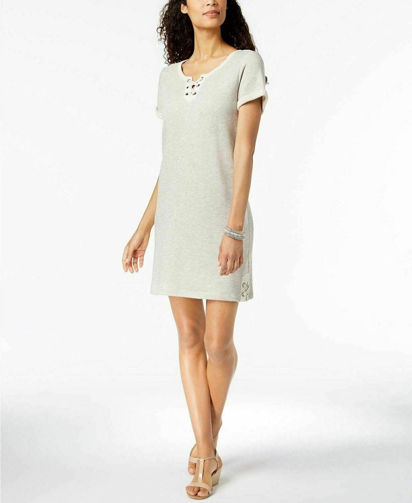 Style&CO Womens SZ Medium Stormy Heather Split Neck Short Sleeve Terry Dress NEW