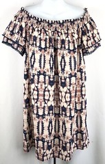 Ruffle Crochet Off Shoulder Shift Mini Dress L Ivory/Blue TyeDye Smocked Boho