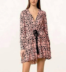 REISS January Floral Print Flip Mini Dress Belted Flared Long Sleeve Size 4 Pink