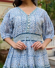 Hand Block Printed Cotton Mini Dress Blue Floral with Waist Tie up dress