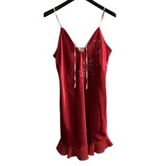 Enchanting Slip Dress Womens M Red Floral Embroidered Pink Trim Mini Romantic