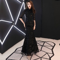 Fish Tail Cheongsam Chinese Qipao Performance Evening Dress Long Sleeved Women&rsquo;s