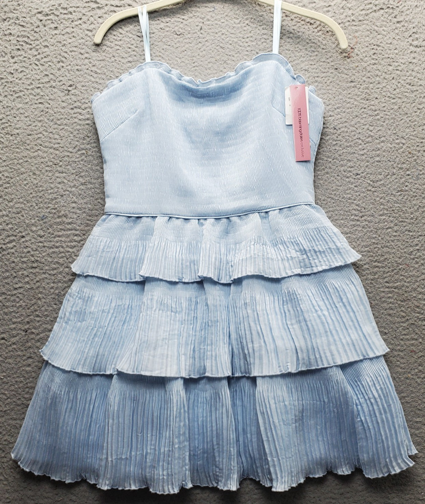 Aqua Formal Mini Tiered Dress Womens 10 Blue Lined Spaghetti Straps Sweetheart