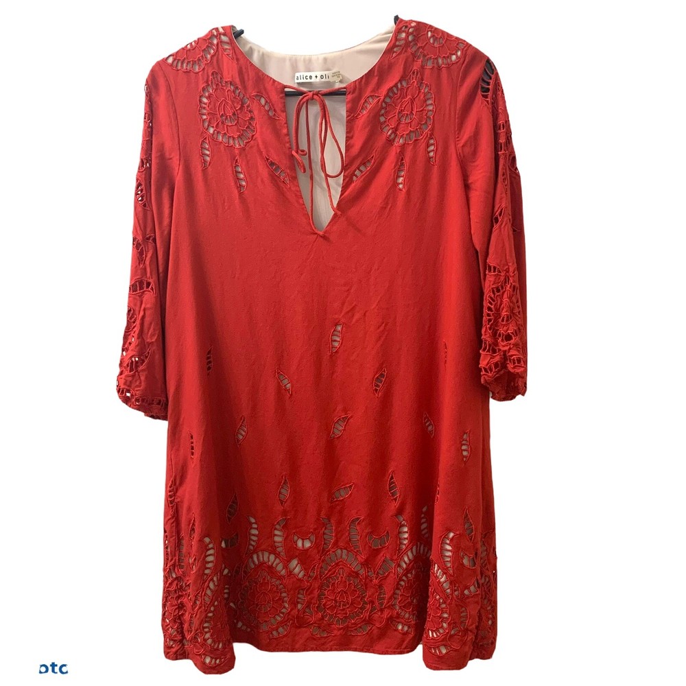 Alice & Olivia Morgana Red Embroidered Eyelet Shift Dress Size XS