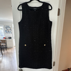 Isaac Mizrahi New York Black Tweed Shift Knee Dress Scoop Neck Zip Button L