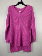 Main Strip Women Small Pink Sweater Dress Oversized Frayed Trim Casual High Low