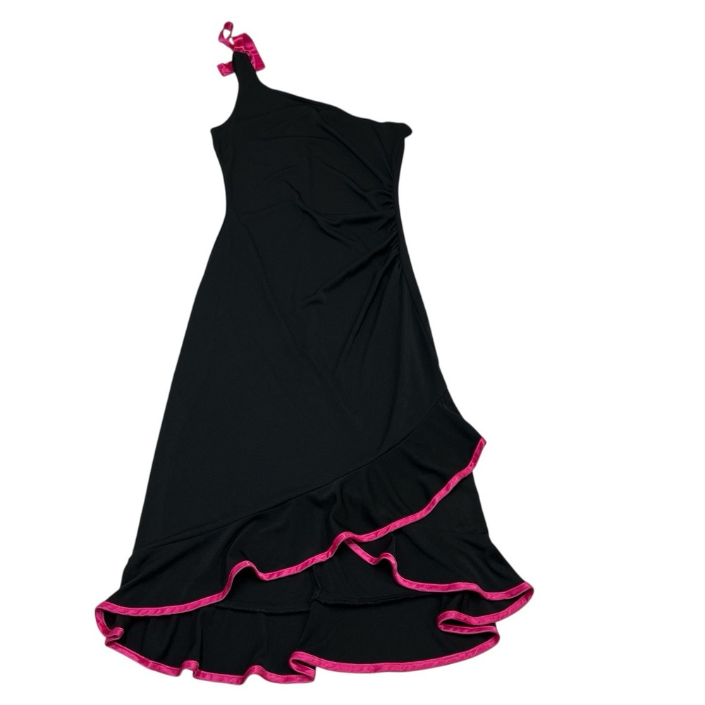 Vintage My Michelle Dress M Black One Shoulder Pink Satin Tiered Ruffle Y2K 90s