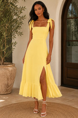 NWT Lulus Summer Invite Yellow Tie Strap Tiered Midi Dress Women&rsquo;s Small sundres