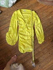 Oh Polly Yellow Satin Ruched V-Neck Balloon Sleeve Bodycon Mini UK 8